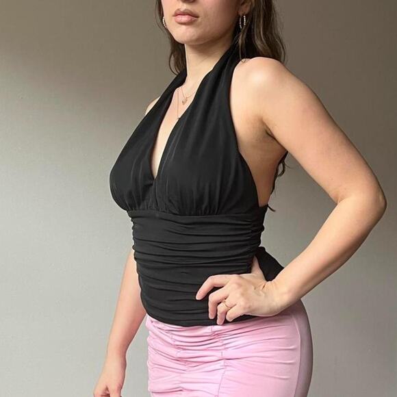 Vintage 90s ruched black halter top - Picture 3 of 4